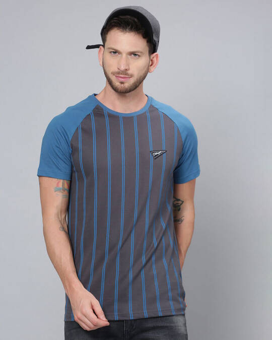 Dillinger-Men's Grey & Blue Striped Slim Fit T-shirt