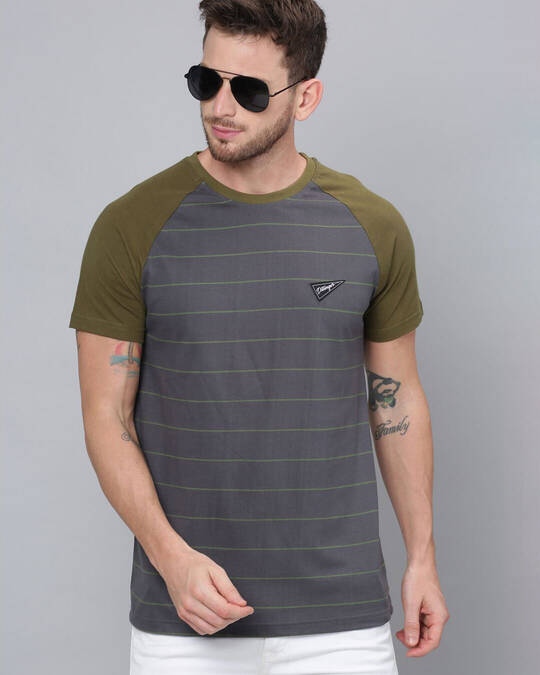Dillinger-Men's Grey & Green Striped Slim Fit T-shirt