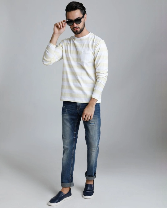 Dillinger-Men's White & Yellow Striped Slim Fit T-shirt 5 Dillinger-Men's White & Yellow Striped Slim Fit T-shirt