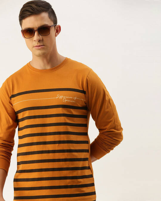Difference of Opinion-Men's Brown Striped Slim Fit T-shirt
