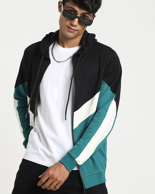 Bewakoof-Men's Black & Green Color Block Zipper Hoodies