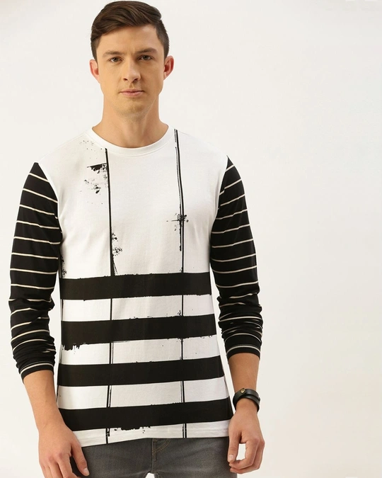 Difference of Opinion-Men's White & Black Striped Slim Fit T-shirt