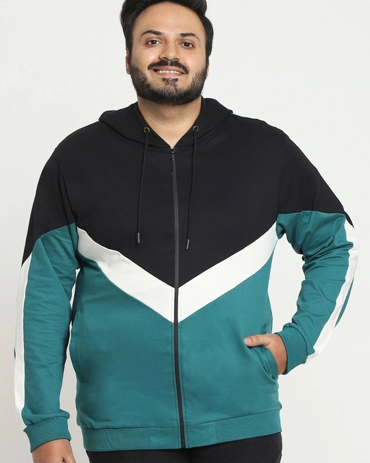Bewakoof-Men's Black & Green Color Block Plus Size Zipper Hoodies