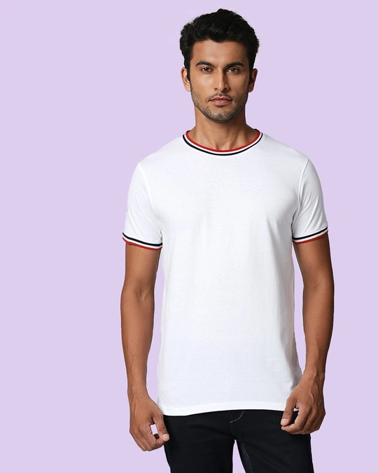 Bewakoof-Men's White Crewneck Varsity Rib T-shirt