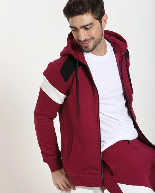 Bewakoof-Men's Maroon Color Block Zipper Hoodies