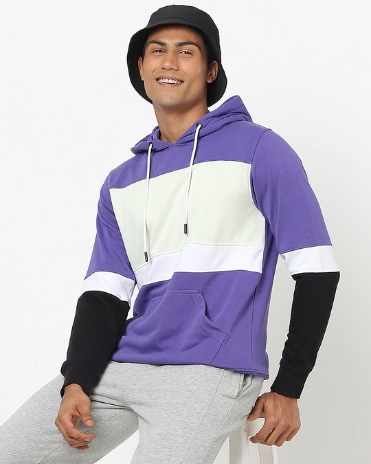 Bewakoof-Men's Purple & White Color Block Hoodies