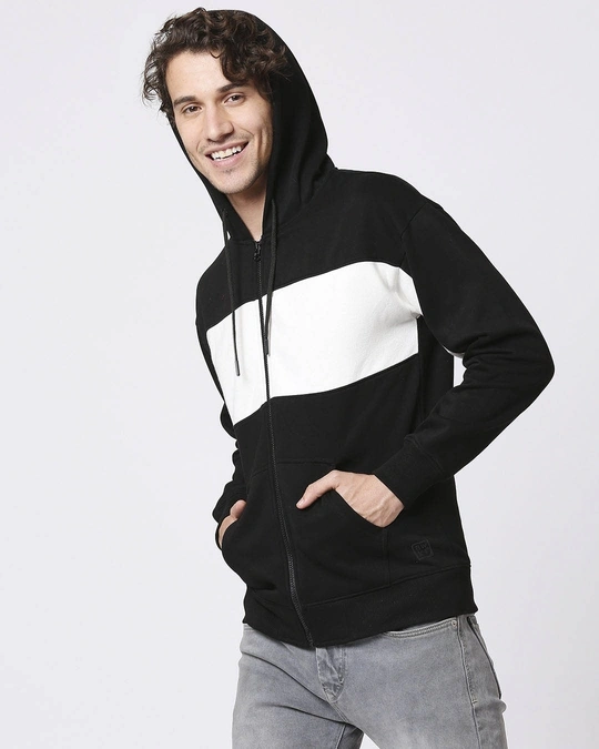 Bewakoof-Men's Black & White Color Block Zipper Hoodies 1 Bewakoof-Men's Black & White Color Block Zipper Hoodies
