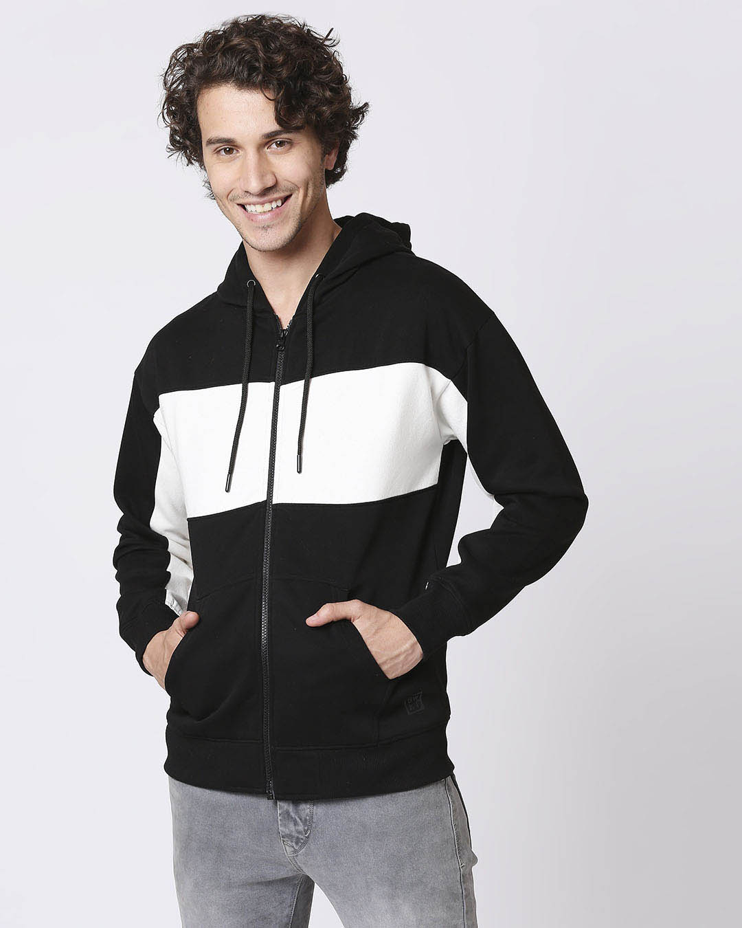 Bewakoof-Men's Black & White Color Block Zipper Hoodies 2 Bewakoof-Men's Black & White Color Block Zipper Hoodies