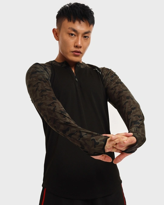 PLAY BY BEWAKOOF-Men's Black Camo Training Thumbhole T-shirt