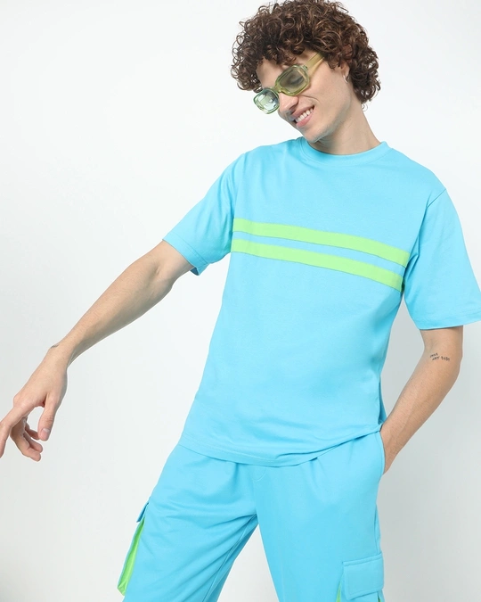 Bewakoof-Men's Upbeat Blue Chest Stripe Oversized T-shirt