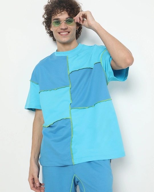 Bewakoof-Men's Upbeat Blue Reverse Color Block Oversized T-shirt