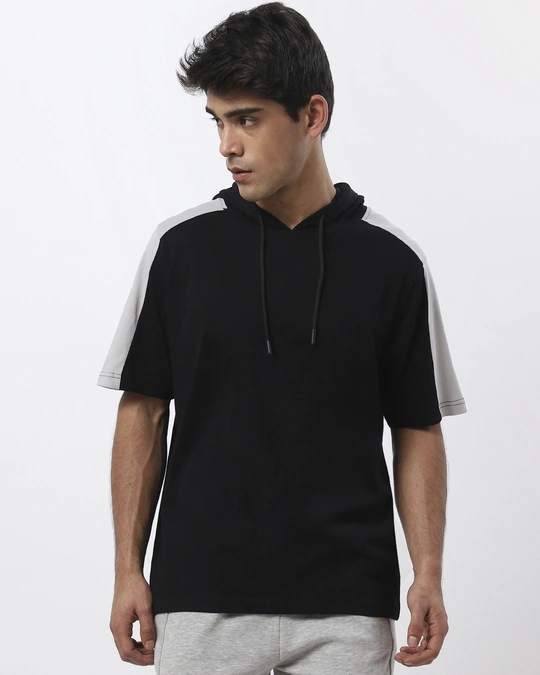 Bewakoof-Men's Black & Grey Color Block Plus Size Oversized Hoodie T-shirt