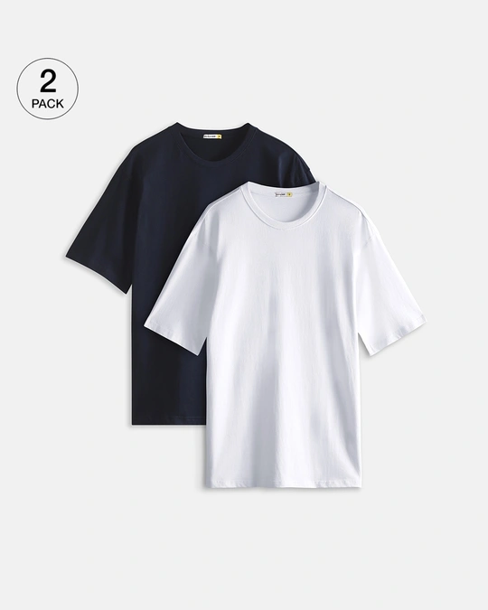 Bewakoof-Pack of 2 Men's Blue & White Oversized T-shirt