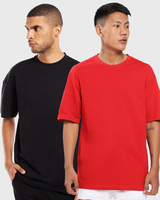 Bewakoof-Pack of 2 Men's Black & Red Oversized T-shirt