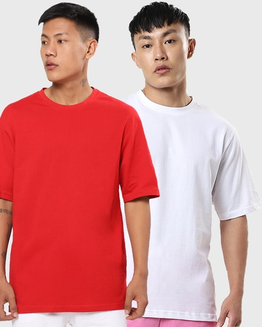 Bewakoof-Pack of 2 Men's Red & White Oversized T-shirt