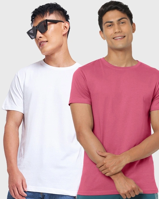 Bewakoof-Pack of 2 Men's White & Slate Rose T-shirt