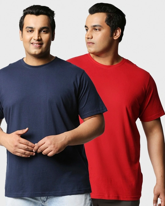 Bewakoof-Pack of 2 Men's Blue & Red Plus Size T-shirt