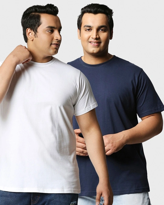 Bewakoof-Pack of 2 Men's White & Blue Plus Size T-shirt