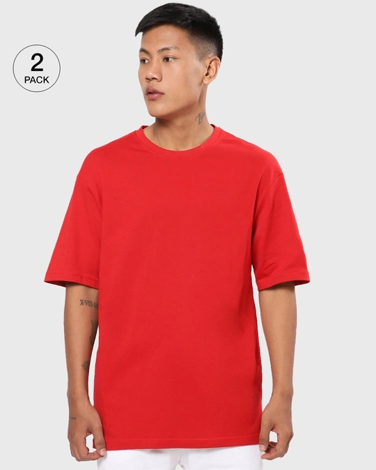 Bewakoof-Pack of 2 Men's Red Oversized T-shirt