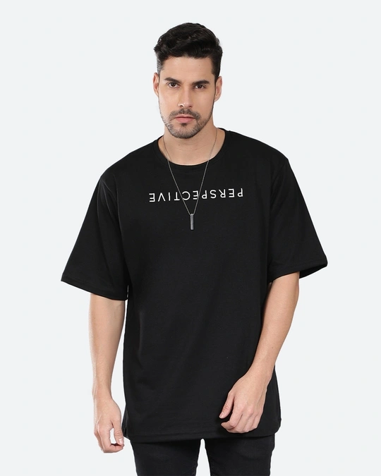 Mad Over Print-Men's Black Prespective Typography Oversized T-shirt