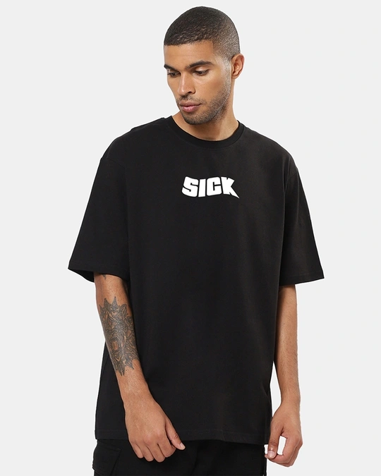 Mad Over Print-Men's Black Sick Typographic Oversized T-shirt