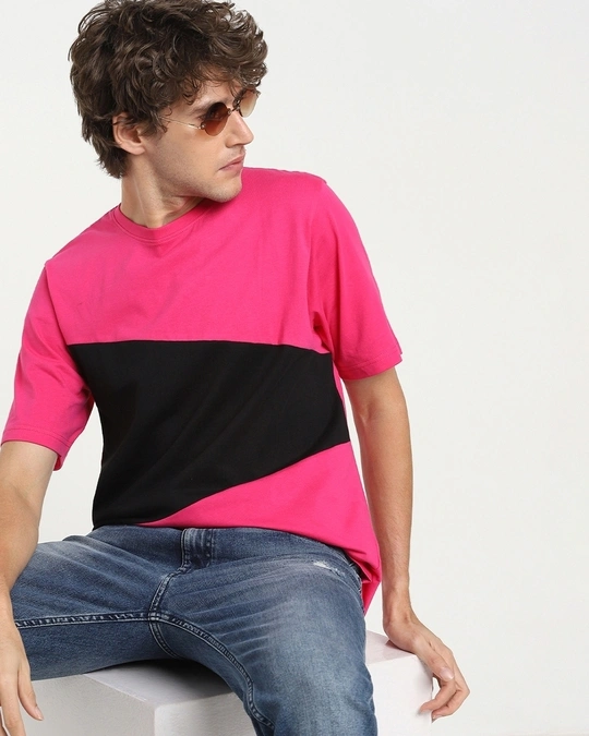 Bewakoof-Men's Peppy Pink Color Block Oversized T-shirt