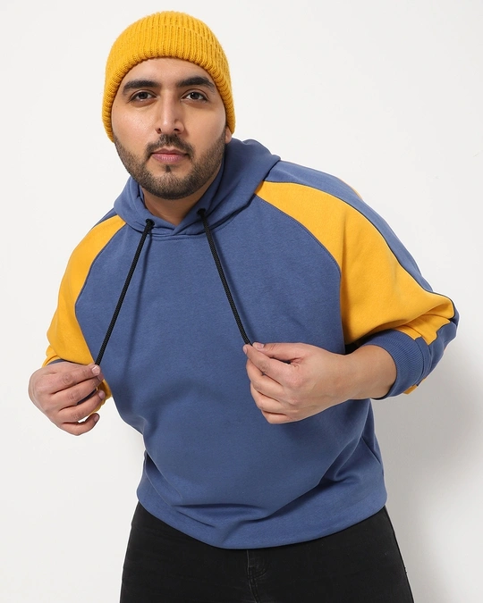 Bewakoof-Men's Blue & Yellow Color Block Plus Size Hoodies