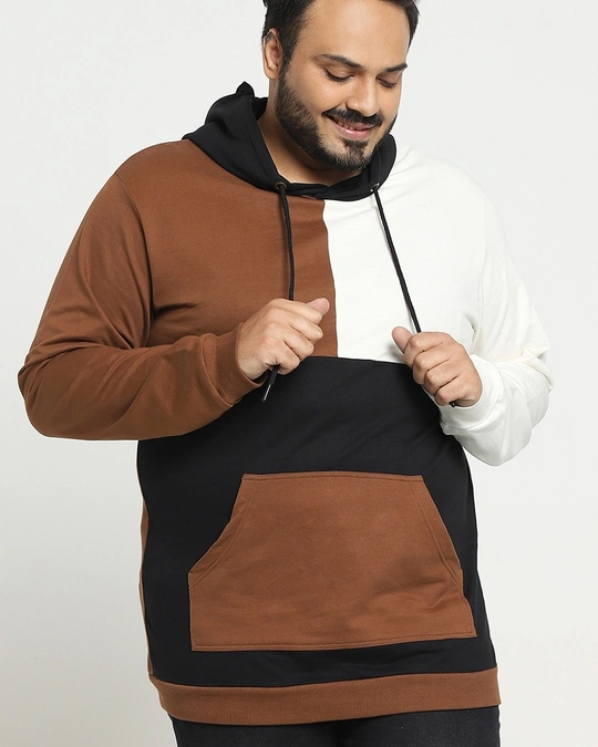 Bewakoof-Men's Brown Color Block Plus Size Hoodies